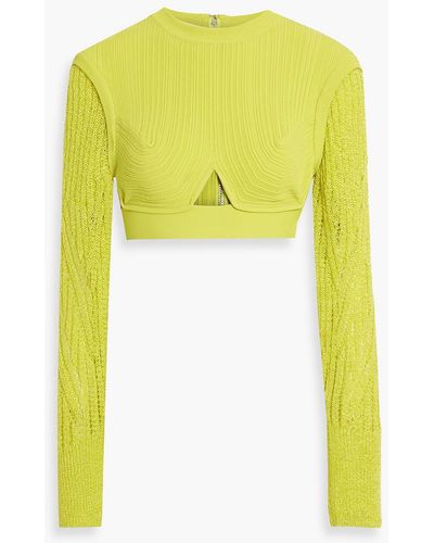 Hervé Léger Cropped Cutout Ribbed And Pointelle-knit Top - Yellow