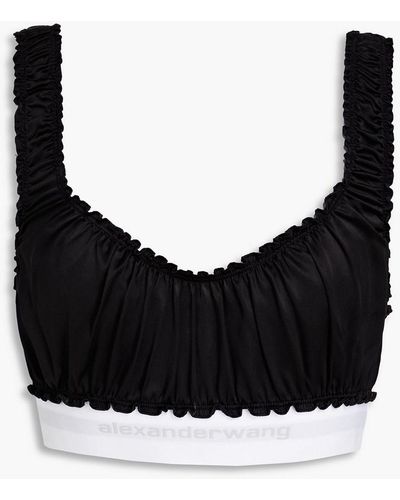 T By Alexander Wang Ruffle-trimmed Ruched Silk-satin Bra Top - Black