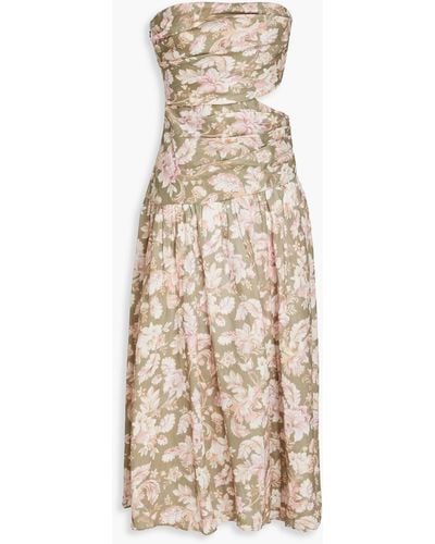 Zimmermann Strapless Cutout Floral-print Linen Midi Dress - Natural