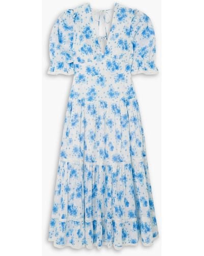 RIXO London Adelaide Tiered Floral-print Swiss-dot Cotton Midi Dress - Blue