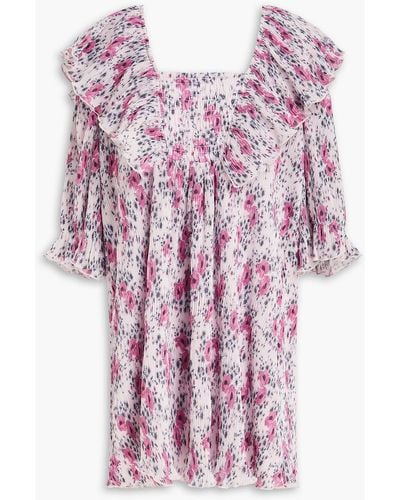 Ganni Shirred Floral-print Crepon Mini Dress - Pink