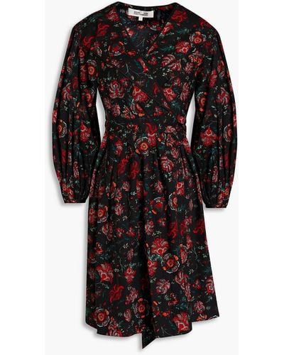 Diane von Furstenberg Barbe Pleated Floral-print Cotton-blend Poplin Mini Wrap Dress - Black