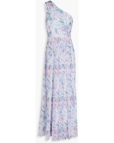 Mikael Aghal One-shoulder Pleated Printed Chiffon Maxi Dress - Blue