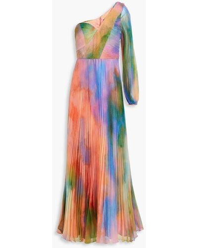 THEIA Elle One-sleeve Pleated Tie-dyed Chiffon Gown - Blue