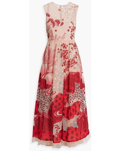 RED Valentino Embroidered Printed Chiffon And Point D'esprit Midi Dress