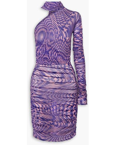 Mugler Asymmetric Tie-neck Printed Stretch-tulle Dress - Purple