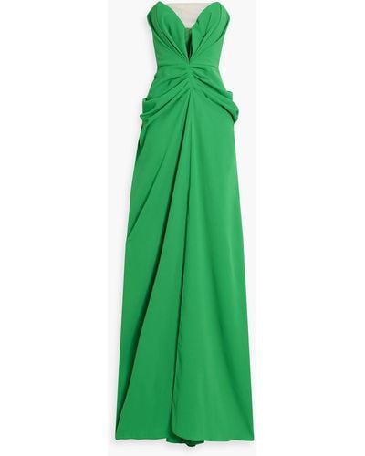 Rhea Costa Strapless Tulle-trimmed Draped Twill Gown - Green