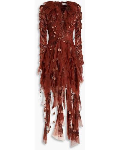 Zimmermann Drapiertes minikleid aus tüll mit rüschen und glitter-finish - Rot
