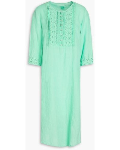 120% Lino Broderie Anglaise-trimmed Linen Midi Dress - Green