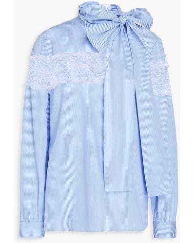 RED Valentino Lace-trimmed Striped Cotton-poplin Blouse - Blue