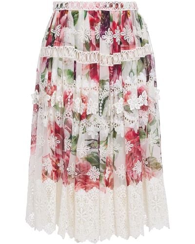 Dolce & Gabbana Guipure lace-trimmed floral-print silk-blend georgette skirt - Rot