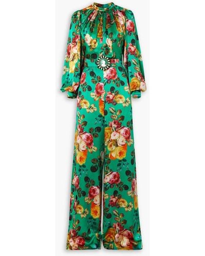 Andrew Gn Belted Floral-print Silk-satin Jumpsuit - Green