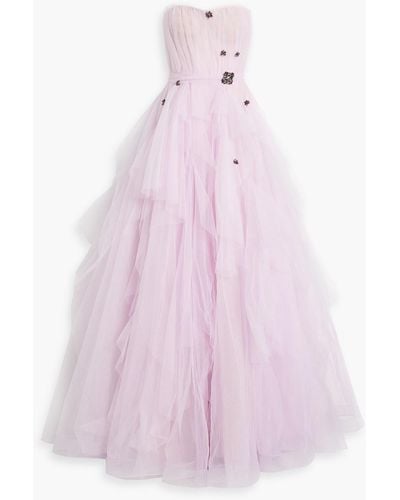 Reem Acra Strapless Crystal-embellished Draped Tulle Gown - Pink
