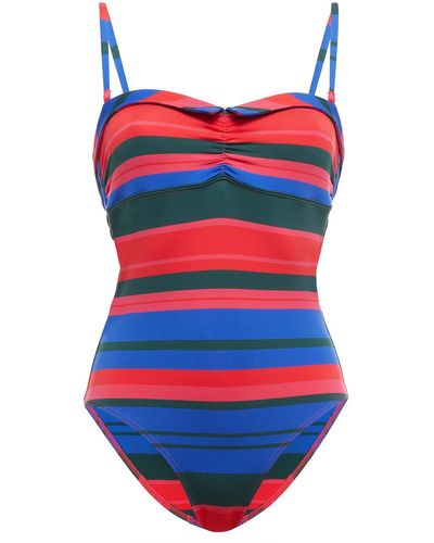 Simone Perele Ruched Striped Bandeau Swimsuit - Blue