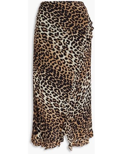 Ganni Ruffled Leopard-print Stretch-mesh Midi Wrap Skirt - Multicolor