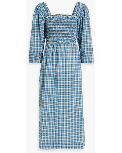 Ganni Shirred Checked Cotton-blend Seersucker Midi Dress - Blue