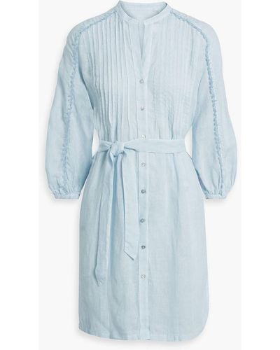 120% Lino Belted Pintucked Linen Mini Shirt Dress - Blue