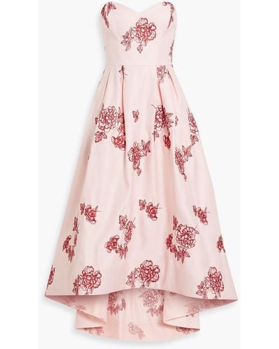 Marchesa Strapless Embroidered Duchesse-satin Maxi Dress - Pink