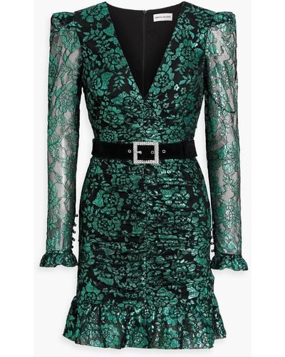 Rebecca Vallance Pixie Ruched Metallic Corded Lace Mini Dress - Green