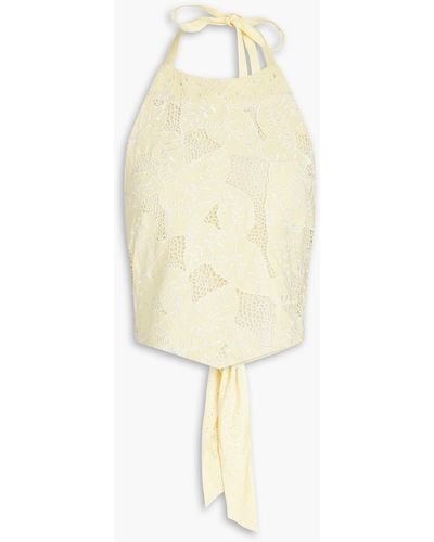 LoveShackFancy Omi Cropped Broderie Anglaise-paneled Macramé Lace Halterneck Top - White