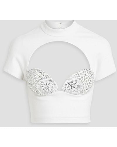 Area Cropped Cutout Crystal-embellished Jersey Top - White