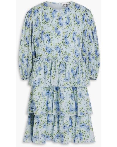 Ganni Gestuftes minikleid aus georgette mit floralem print - Blau