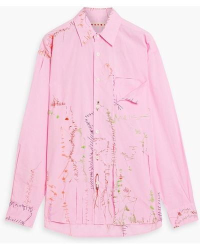 Marni Embroidered Distressed Cotton-poplin Shirt - Pink