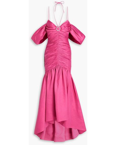 Rasario Ruched Embellished Linen-blend Gown - Pink