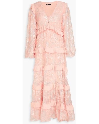 Maje Ruffled Crepe-trimmed Sequined Plissé-tulle Maxi Dress - Pink