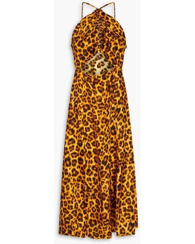 Sandro Cutout Ruched Leopard-print Satin-twill Midi Dress - Metallic