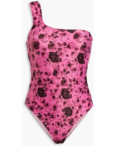 Ganni One-shoulder Floral-print Swimsuit - Pink