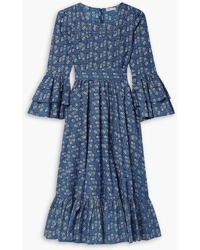 BATSHEVA Laura Ashley Waverly Ruffled Floral-print Cotton-poplin Midi Dress - Blue
