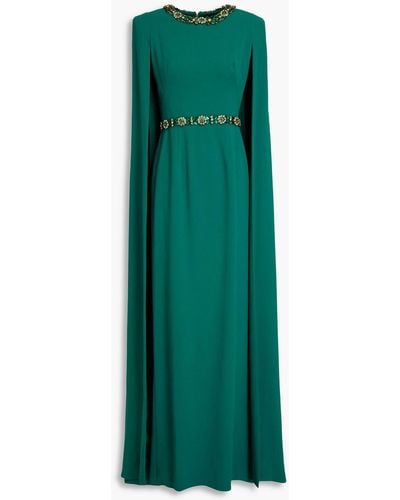 Jenny Packham Cape-effect Embellished Crepe Gown - Green