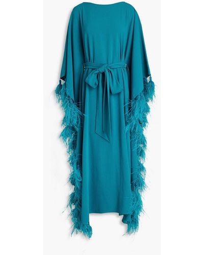 Huishan Zhang Palma Belted Feather-trimmed Crepe Kaftan - Blue
