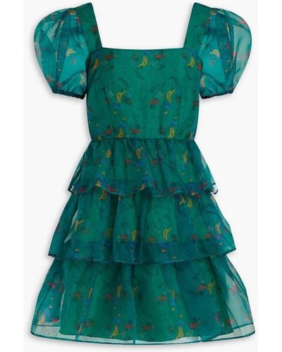 HVN Mimi Tiered Printed Organza Mini Dress - Green