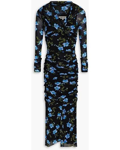 Diane von Furstenberg Ganesa Ruched Floral-print Stretch-mesh Midi Dress - Blue