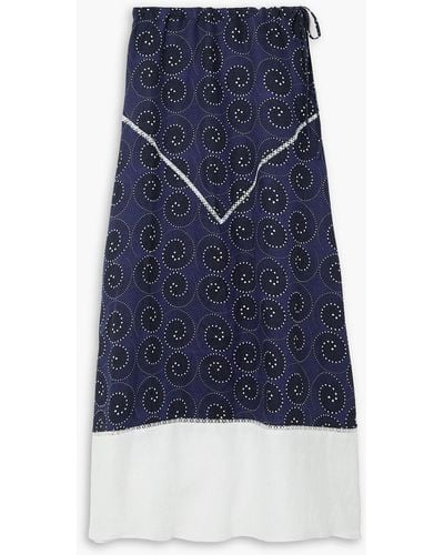 STAUD Kathleen Lace-trimmed Cotton And Printed Linen Maxi Skirt - Blue