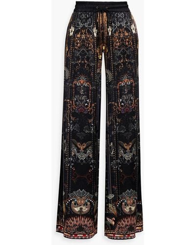 Camilla Embellished Printed Silk-satin Wide-leg Trousers - Black