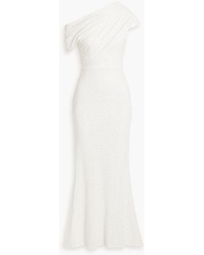 Badgley Mischka One-shoulder Draped Sequined Tulle Gown - White