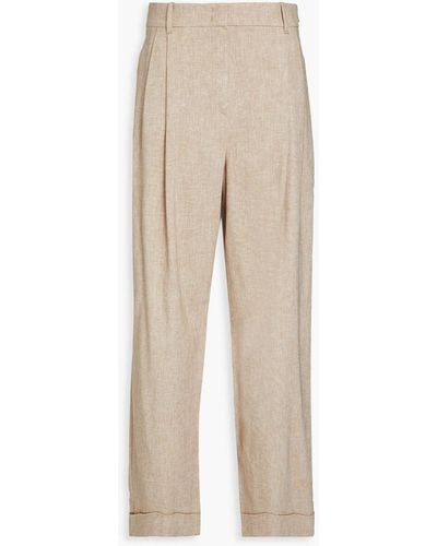 Emporio Armani Pleated Cotton-blend Tapered Pants - Natural