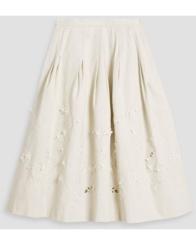Carolina Herrera Pleated Embroidered Cotton-blend Canvas Skirt - Natural