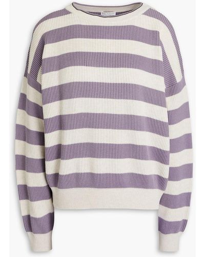 Brunello Cucinelli Bead-embellished Striped Ribbed Cotton Sweater - White