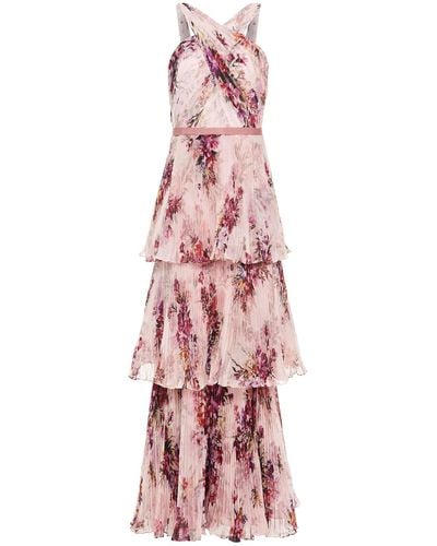 Marchesa Tiered Floral-print Plissé-chiffon Gown - Pink