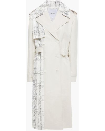 St. John Belted Cotton-blend Twill And Checked Tweed Trench Coat - White