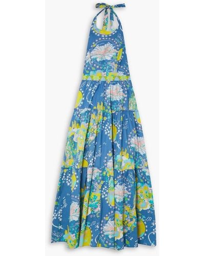 Emporio Sirenuse Isotta Tiered Printed Cotton-poplin Halterneck Maxi Dress - Blue
