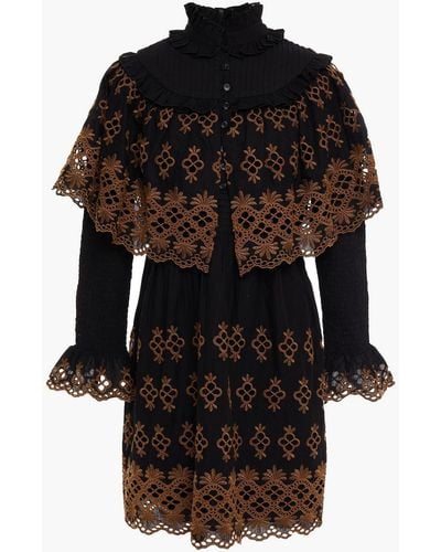 Antik Batik Lilou Layered Shirred Broderie Anglaise Cotton Mini Dress - Black