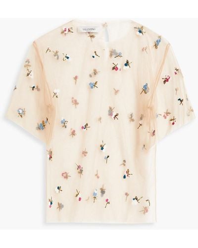 Valentino Garavani Embellished Tulle Top - Natural