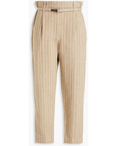 Brunello Cucinelli Bead-embellished Striped Linen-blend Tapered Trousers - Natural