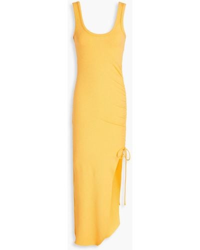 The Range Asymmetric Ruched Ribbed Jersey Dress - Yellow