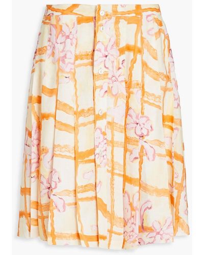 Marni Pleated Printed Ramie Midi Skirt - Yellow